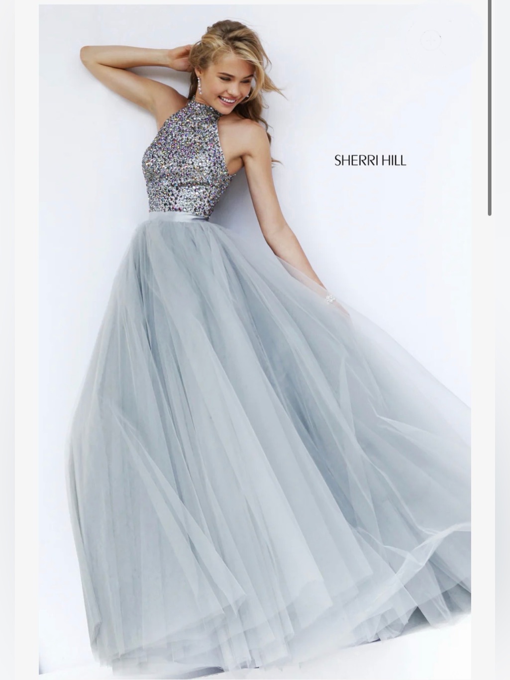 Nwt $650 Sherri Hill Silver Sequin Halter Ball Gown With Light Gray Tulle Skirt